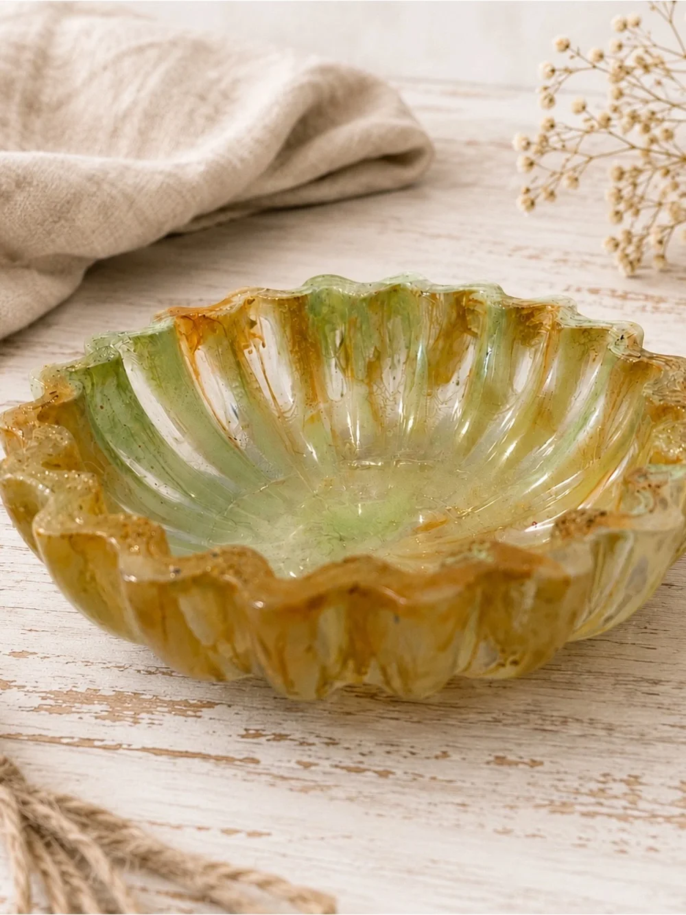Handmade Green and Amber Decorative Glass Serving Bowl